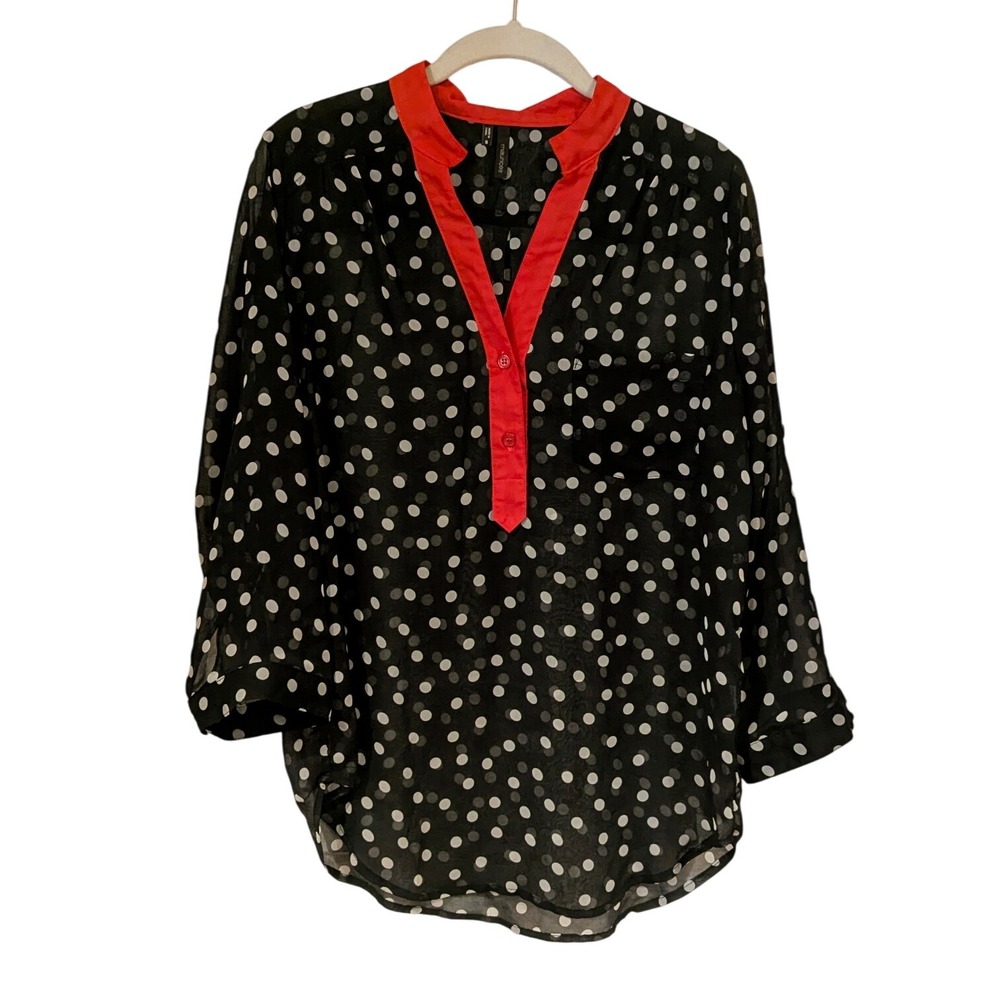 Black White Polka Dot V Neck Red Trim Button Front Sheer Blouse Top‎ Size S